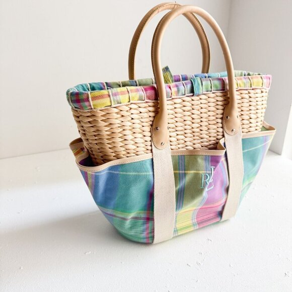 Ralph Lauren Woven Plaid Pastel Fabric Detail Small Basket Tote - Picture 2 of 8